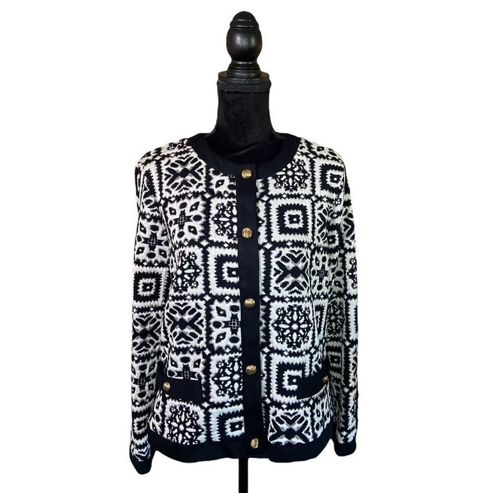 Vintage Stuart Alan Black White Geometric Knit Cardigan Jacket Size 12